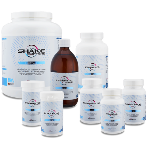 Shake Chocolate, Omega 3 Fish Oil Capsules, EFA, Vitamin D, CoQ10, Probiotic, B Complex and Multi Mineral Complex, Electrolytes, 5htp, GABA, Inositol, Theanine