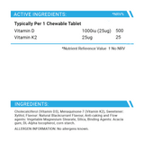 Shake Shifters Vitamin K2 and D3 Ingredients | 1000iu Chewable Tablets suitable for Vegetarians